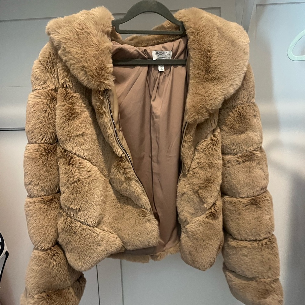 Sofia by Sofia Vergara Tan Teddy Jacket with Cozy Hood